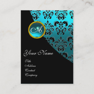 BLUE AQUAMARINE DAMASK MONOGRAM ,turquase Business Card