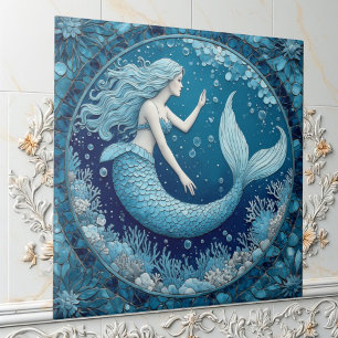 Blue Aquamarine Mermaid Ocean Bubble Mosaic Lustre Tile