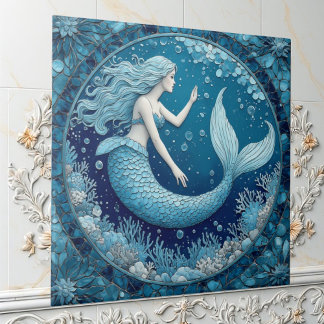 Blue Aquamarine Mermaid Ocean Bubble Mosaic Lustre Tile