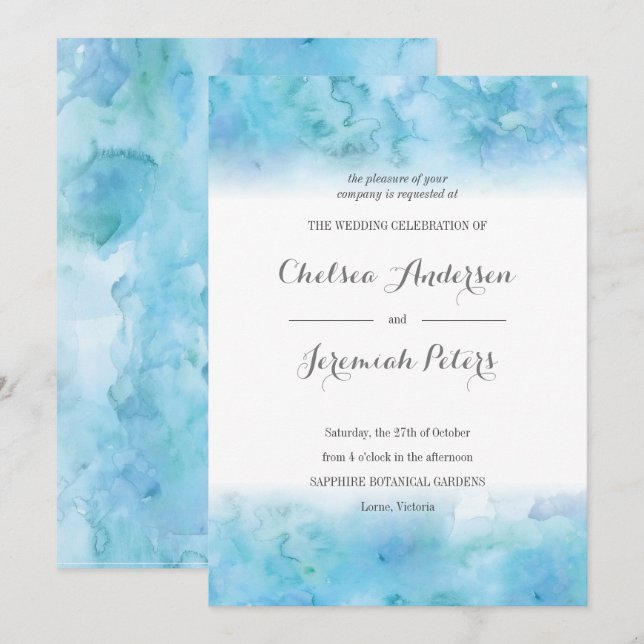Blue Aquamarine Watercolor Wedding Invitation (Front/Back)