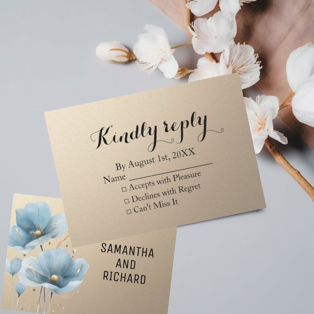 Blue Aquarell Flower Gold Glitter RSVP Card (Creator Uploaded)