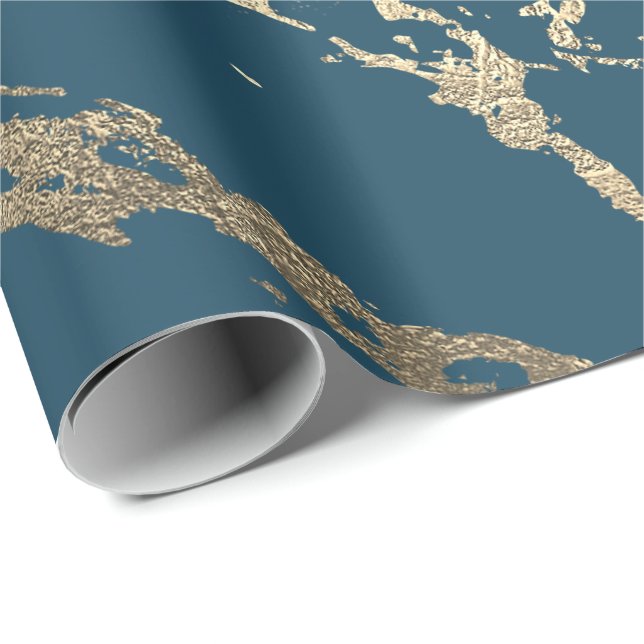 Blue Aquatic Teal Gold Marble Rose Bridal Glitter Wrapping Paper (Roll Corner)