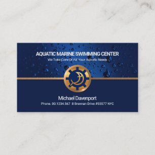 Blue Aquatic Water Drops Gold Border Swimming Business Card