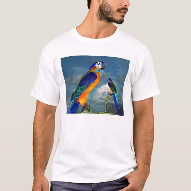 BLUE ARA IN BLUE SKY Tropical Birds T-Shirt (Front)