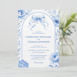 Blue Arch Floral Bow Wedding Invitation