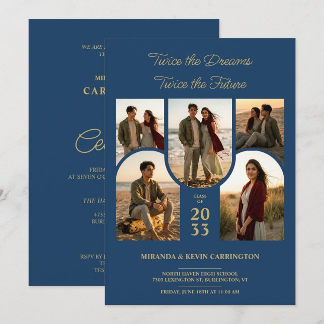 Blue Arched Collage Double Grads Twins TMF26 Invitation (Front/Back)