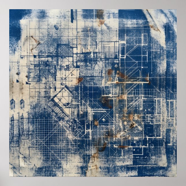 Blue Architectural Blueprint Poster (Front)