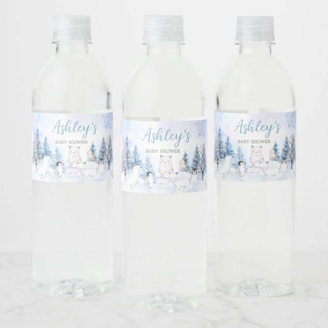 Blue Arctic Animals Baby Shower  Water Bottle Label (Bottles)
