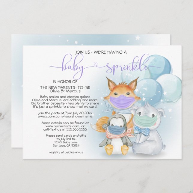 Blue Arctic Animals in Masks Baby Sprinkle Invitat Invitation (Front/Back)