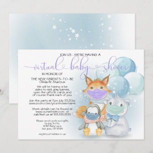 Blue Arctic Animals in Masks Virtual Baby Shower Invitation