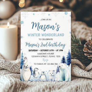 Blue Arctic Animals Winter 2nd Birthday Invitation