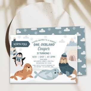 Blue Arctic Animals Winter Onederland 1st Birthday Invitation