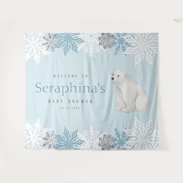 Blue Arctic Polar Bear Baby Shower Backdrop Tapestry (Front (Horizontal))