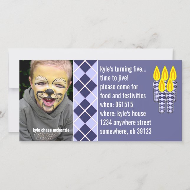 Blue Argyle Birthdy Photo Invitation (Front)