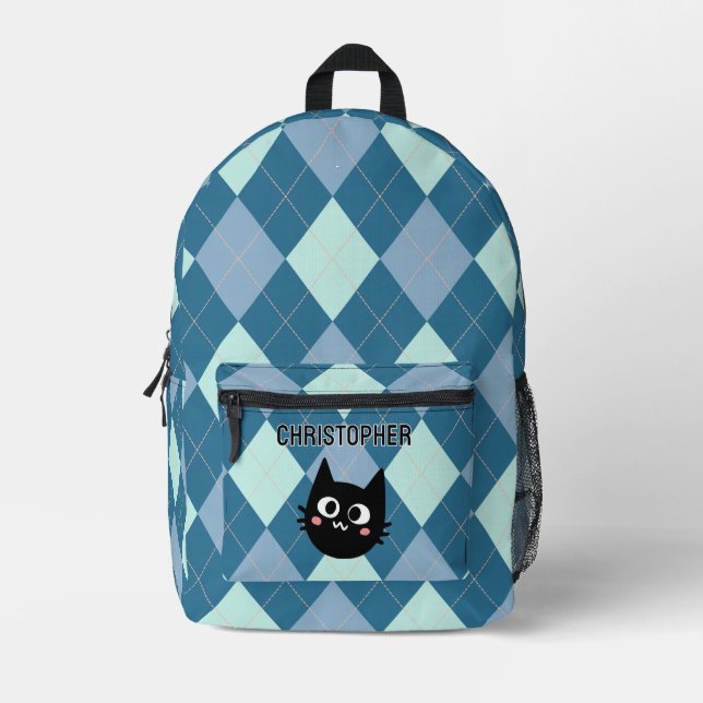 Blue Argyle, Black Cat Personalised Printed Backpack (Front)