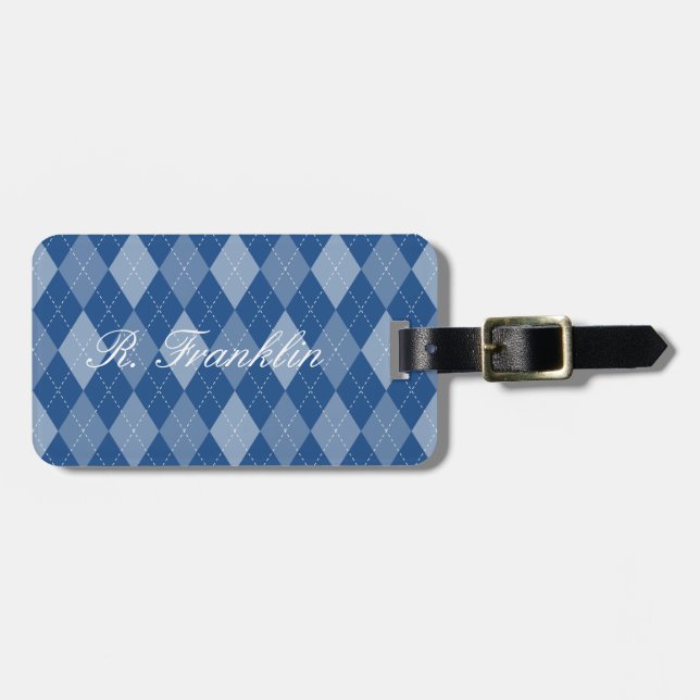 Blue argyle diamond pattern travel luggage tag (Front Horizontal)
