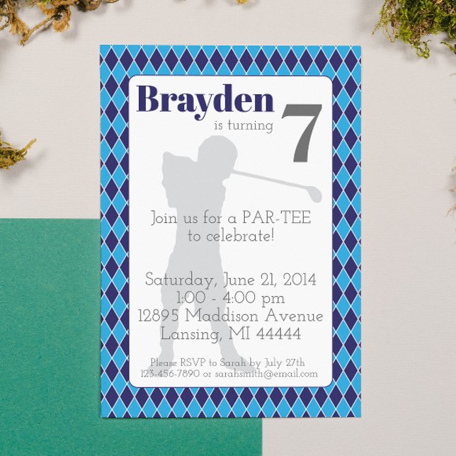 Blue Argyle Golf Birthday Invitation (Creator Uploaded)