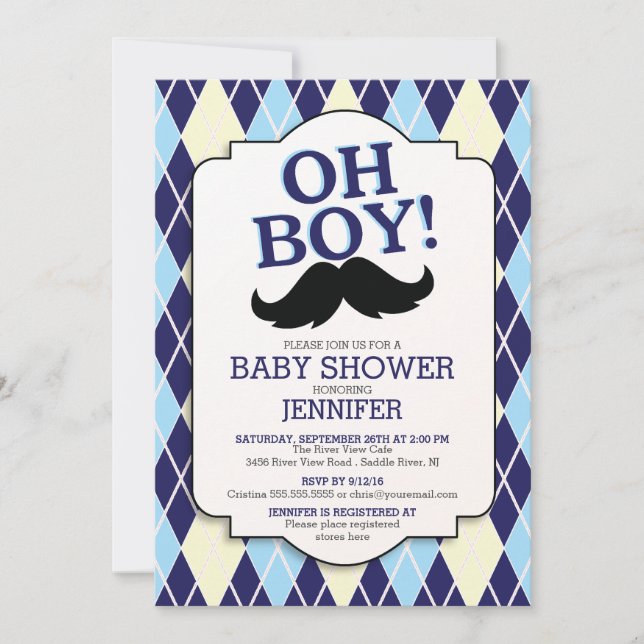 Blue Argyle OH BOY Moustache Baby Shower Invitation (Front)