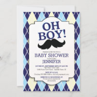 Blue Argyle OH BOY Moustache Baby Shower