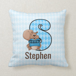 Blue Argyle Patterned Letter S for Squirrel Boys Cushion