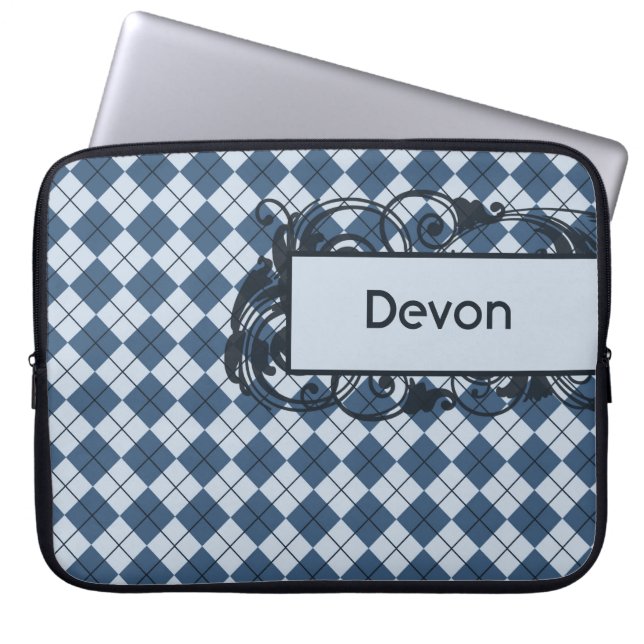 Blue Argyle Personalised Laptop Bag 15 Inch (Front)