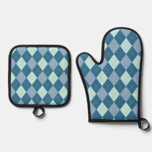 Blue Argyle Vintage Pattern Oven Mitt & Pot Holder Set