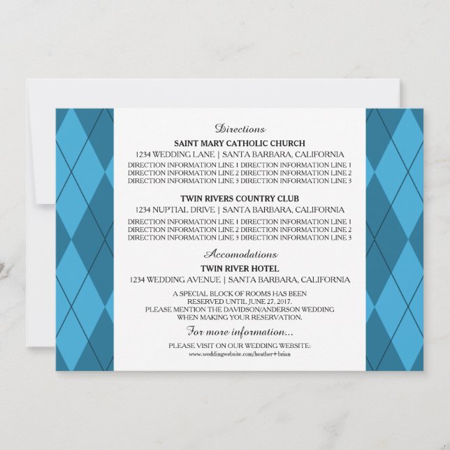 Blue Argyle Wedding Information Card (Front)