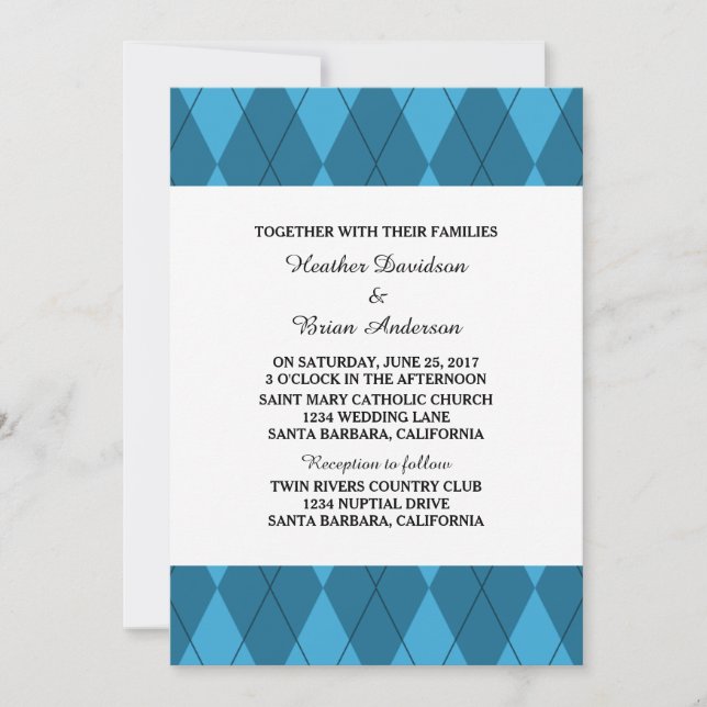 Blue Argyle Wedding Invite (Front)