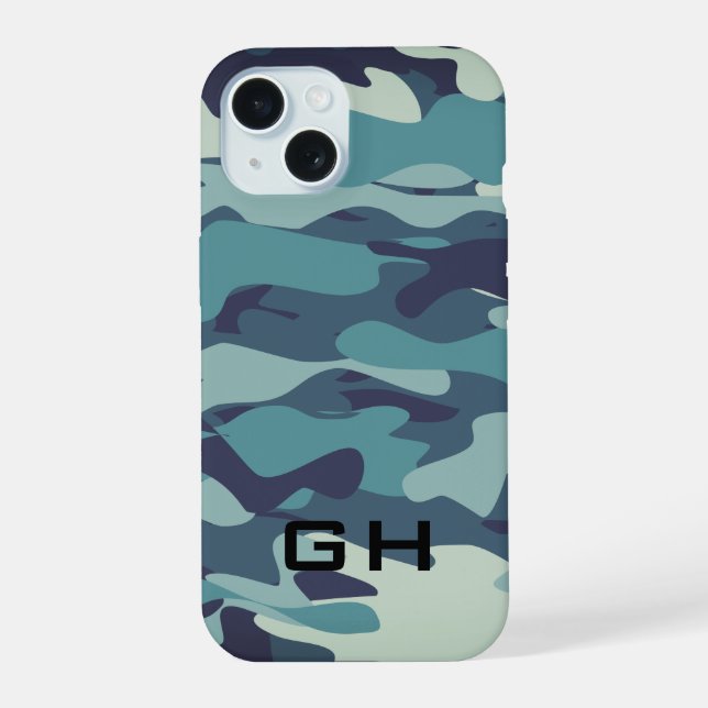 Blue army camo custom monogram iPhone 15 case (Back)