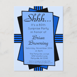 Blue Art Deco 80th Surprise Party Birthday Invitation Postcard
