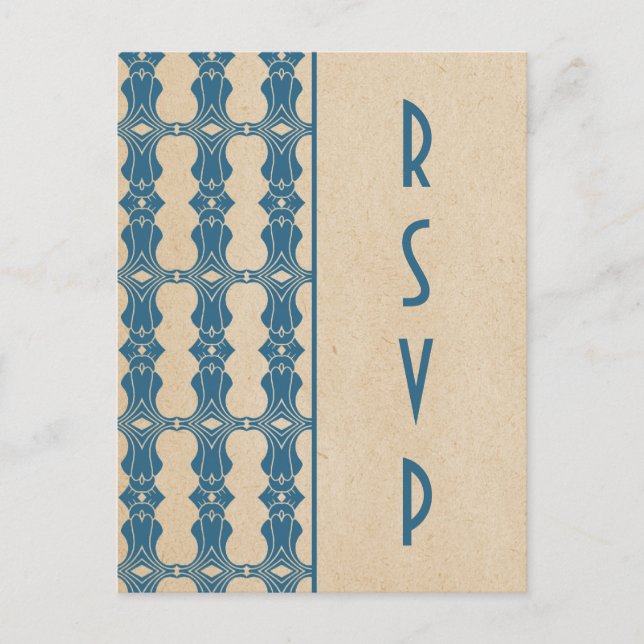 Blue Art Deco Border RSVP Postcard (Front)