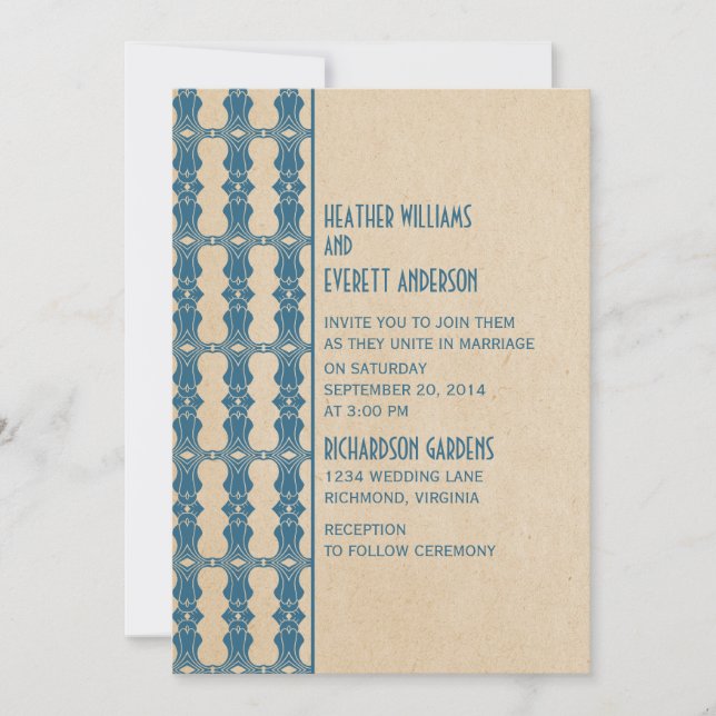 Blue Art Deco Border Wedding Invitation (Front)