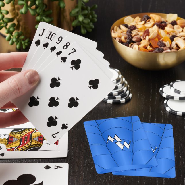 Blue Art Deco Design Monogrammed Playing Cards (In Situ)