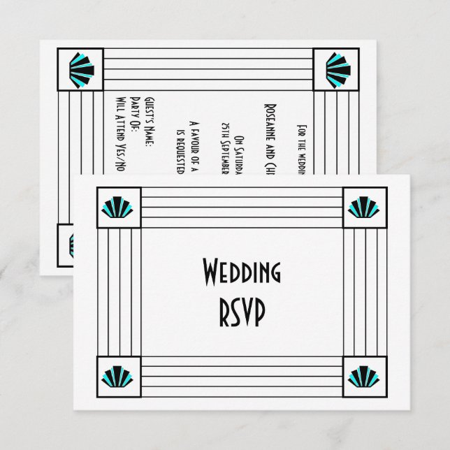 Blue Art Deco Design Wedding RSVP Card (Front/Back)