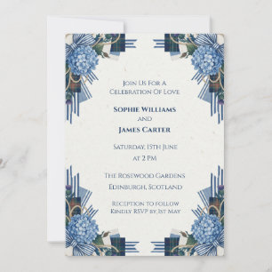 Blue Art Deco Floral Wedding Invitation