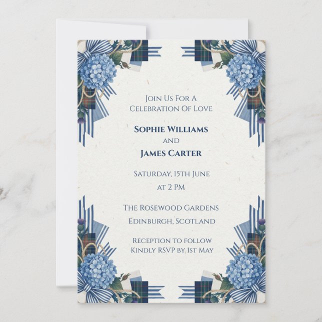 Blue Art Deco Floral Wedding Invitation (Front)