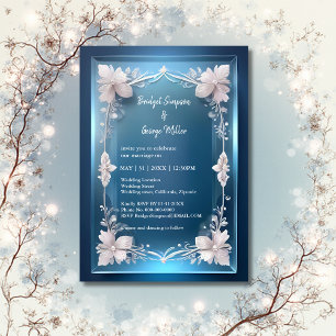 blue art deco ornate frame wedding invitation