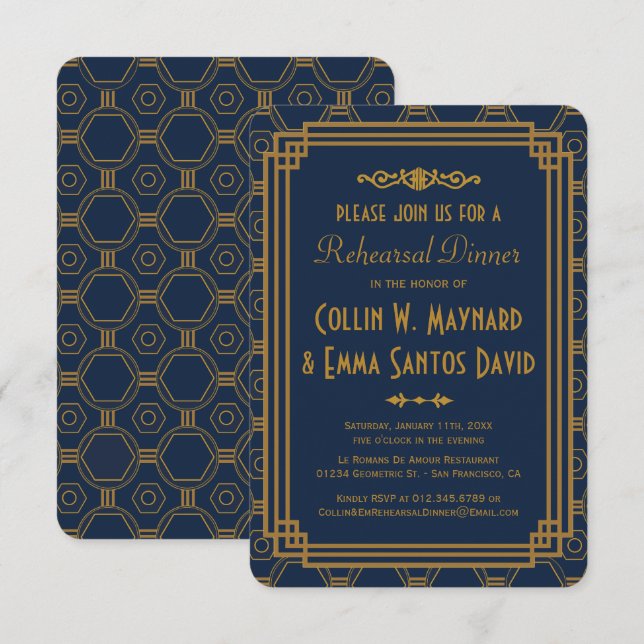 Blue Art Deco Rehearsal Dinner Invites (Front/Back)