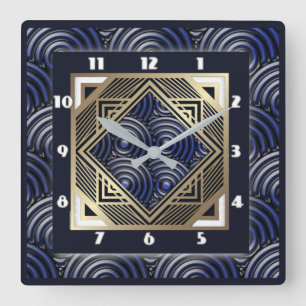 Blue art deco square wall clock