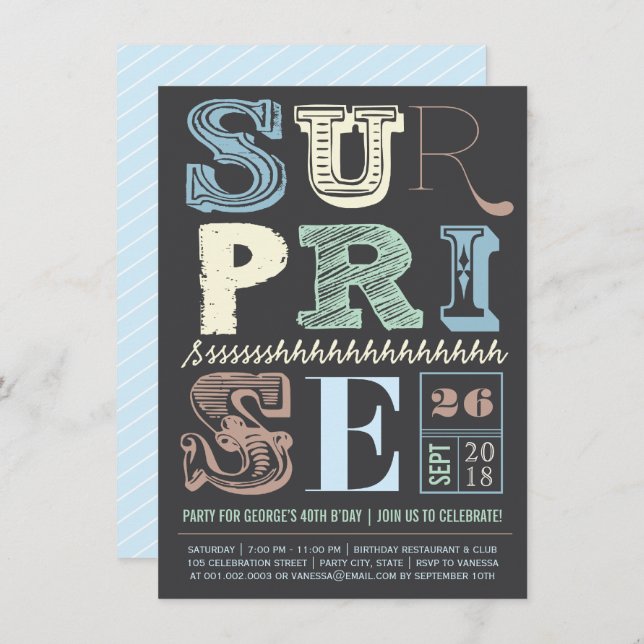 Blue Art Deco Surprise Party Adult Birthday Invite (Front/Back)