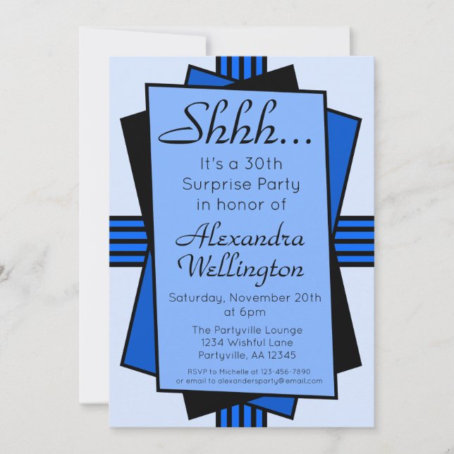 Blue Art Deco Surprise Party Birthday Invitation (Front)