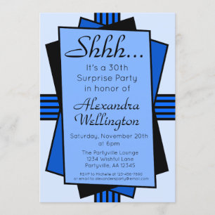 Blue Art Deco Surprise Party Birthday Invitation