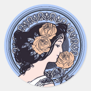 Blue art nouveau girl classic round sticker