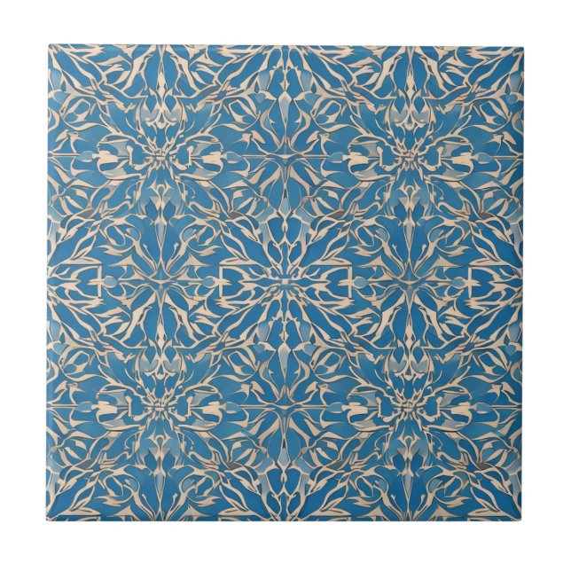 Blue Art Nouveau Moroccan Ethnic  Tile (Front)