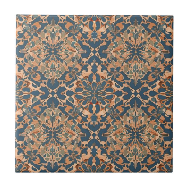 Blue Art Nouveau Moroccan Ethnic  Tile (Front)