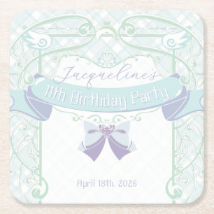 Blue Art Nouveau Princess Birthday Square Paper Coaster