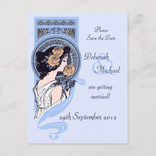 Blue art nouveau Save the Date postcard