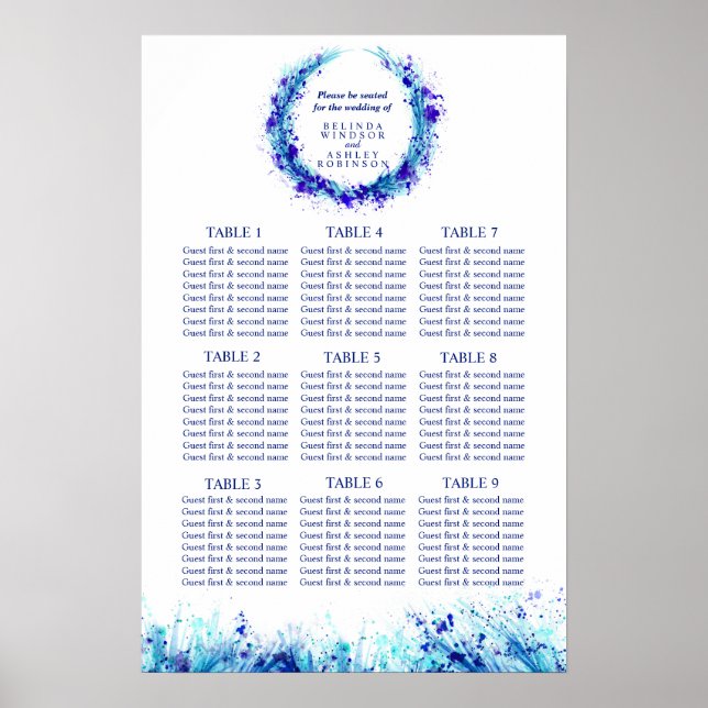 Blue art wedding seating table planner 1-9 tables poster (Front)