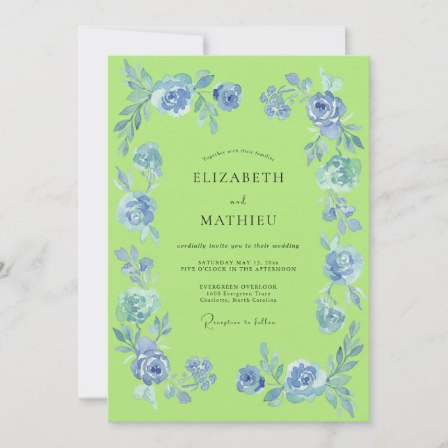 Blue Artistic Blossom Wedding Invitation (Front)