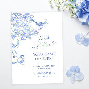 Blue artistic botanical bird invitation